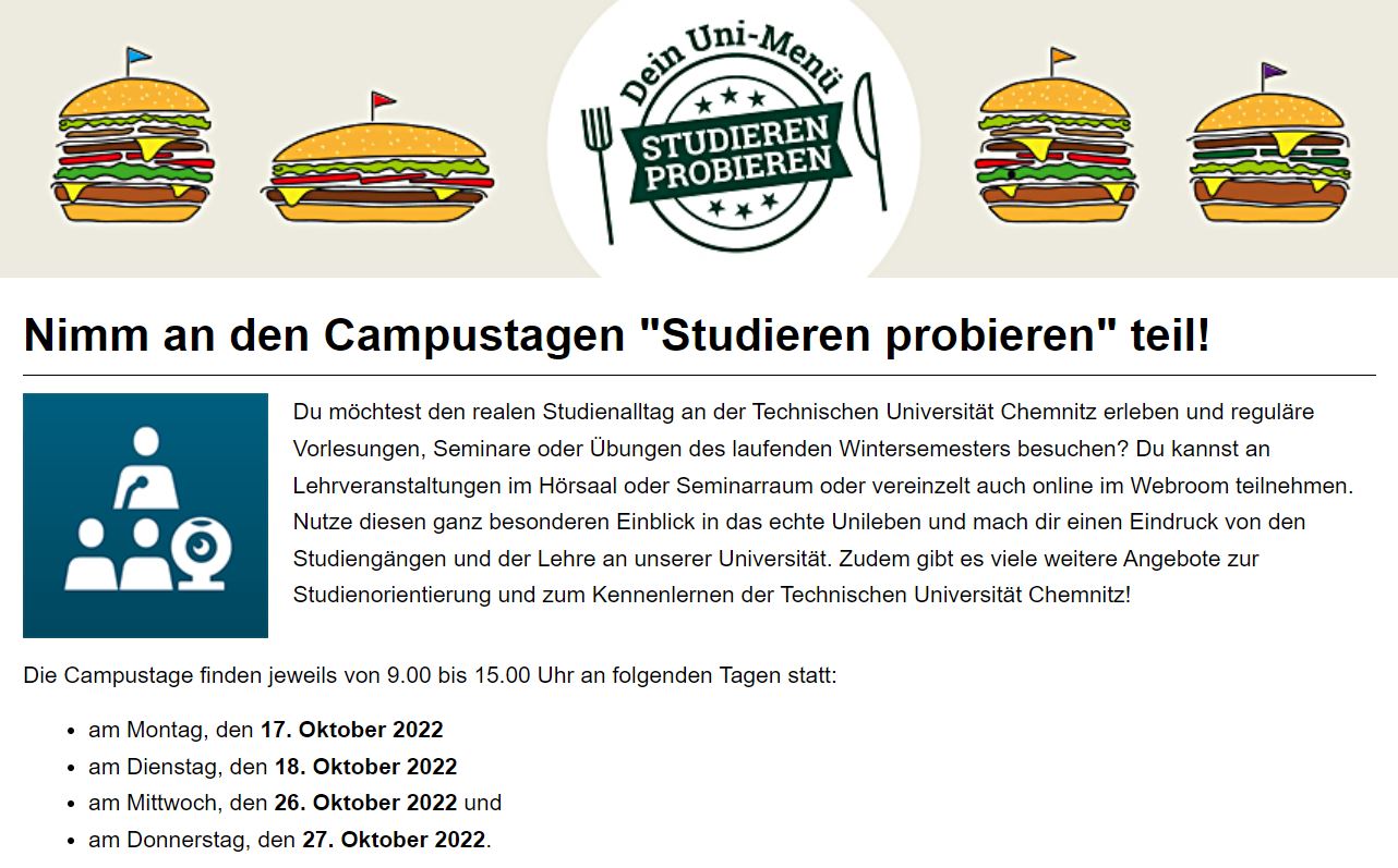 You are currently viewing 17.10.22 / „Studieren probieren“ – bei den Campustagen der TU Chemnitz realen Studienalltag erleben